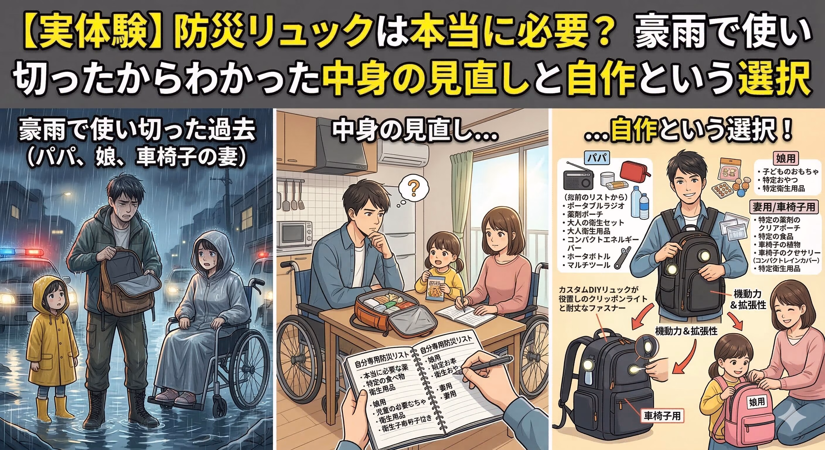 「【実体験】防災リュックは本当に必要？豪雨で使い切ったからわかった中身の見直しと自作という選択」というタイトル文字が入った3コマのアイキャッチ画像。左側は豪雨の中で空のリュックを見て途方に暮れるパパと5歳の娘、車椅子の妻。中央は家族3人でテーブルを囲み、防災リュックの中身とリストを見直している様子。右側はパパ用、娘用、車椅子の妻用と、それぞれの用途に合わせて自作・拡張した防災リュックを紹介しているイラスト。
