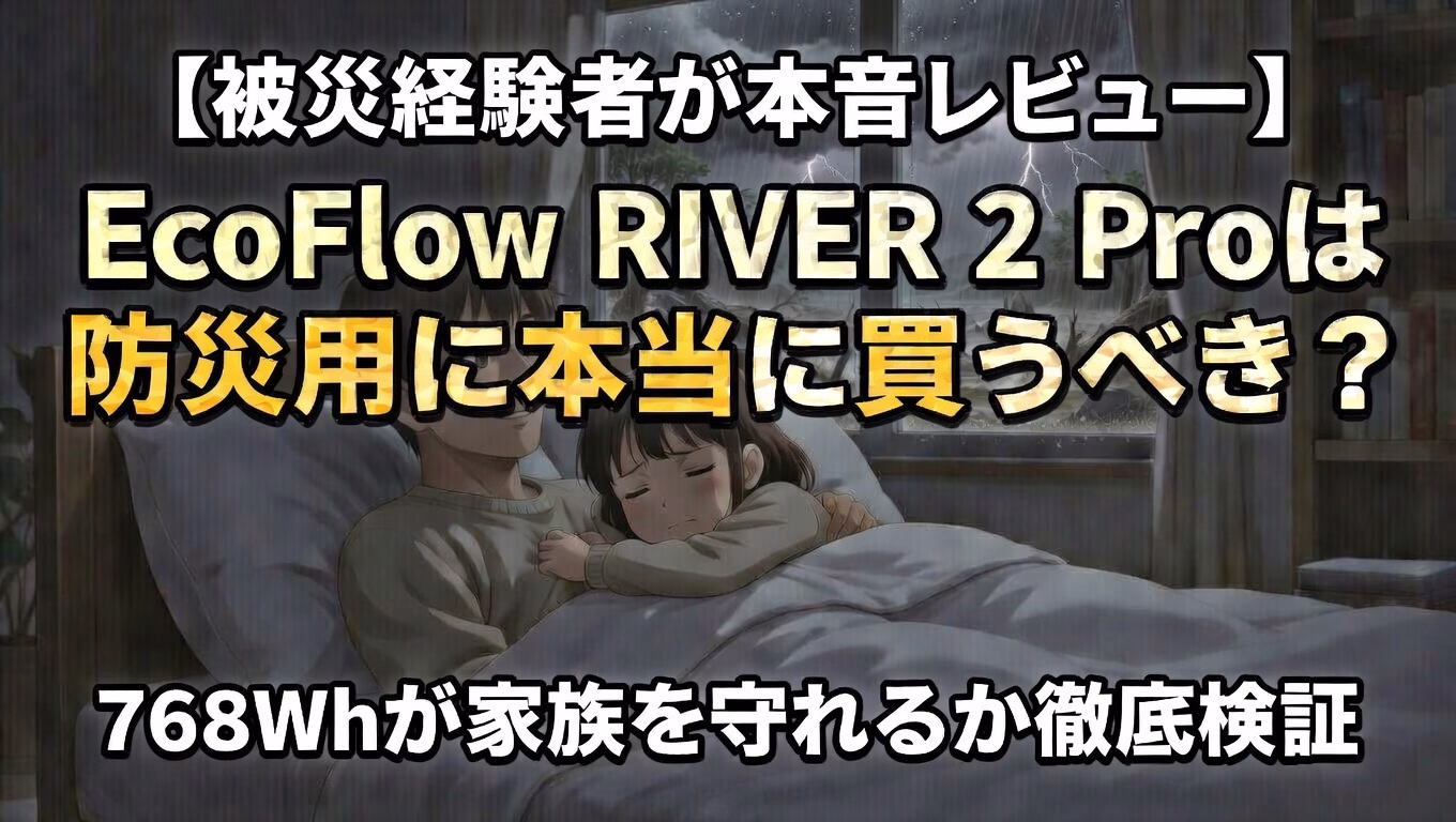 停電と大雨の夜、父親が不安げな娘を抱きしめて宥めるアニメイラスト。EcoFlow RIVER 2 Proの防災用ポータブル電源レビュー記事のアイキャッチ