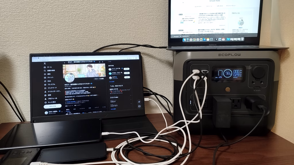 ecoflow river 2 proでノートPC・外部モニター・タブレット・スマホ２台・モバイルWi-Fiを同時給電している様子