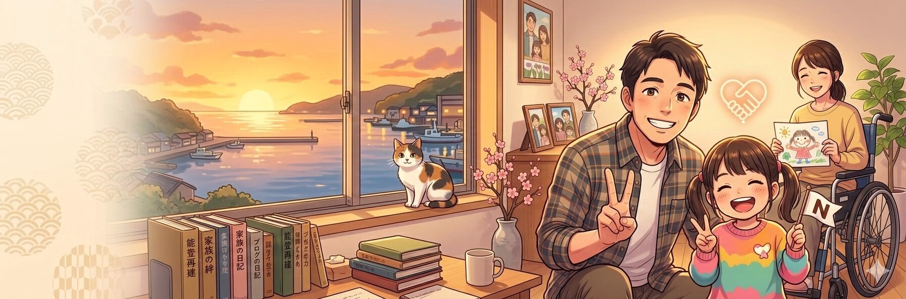 仮設住宅で家族写真を撮っているイメージ 窓から夕日が差し込んでいて暖かい雰囲気の画像