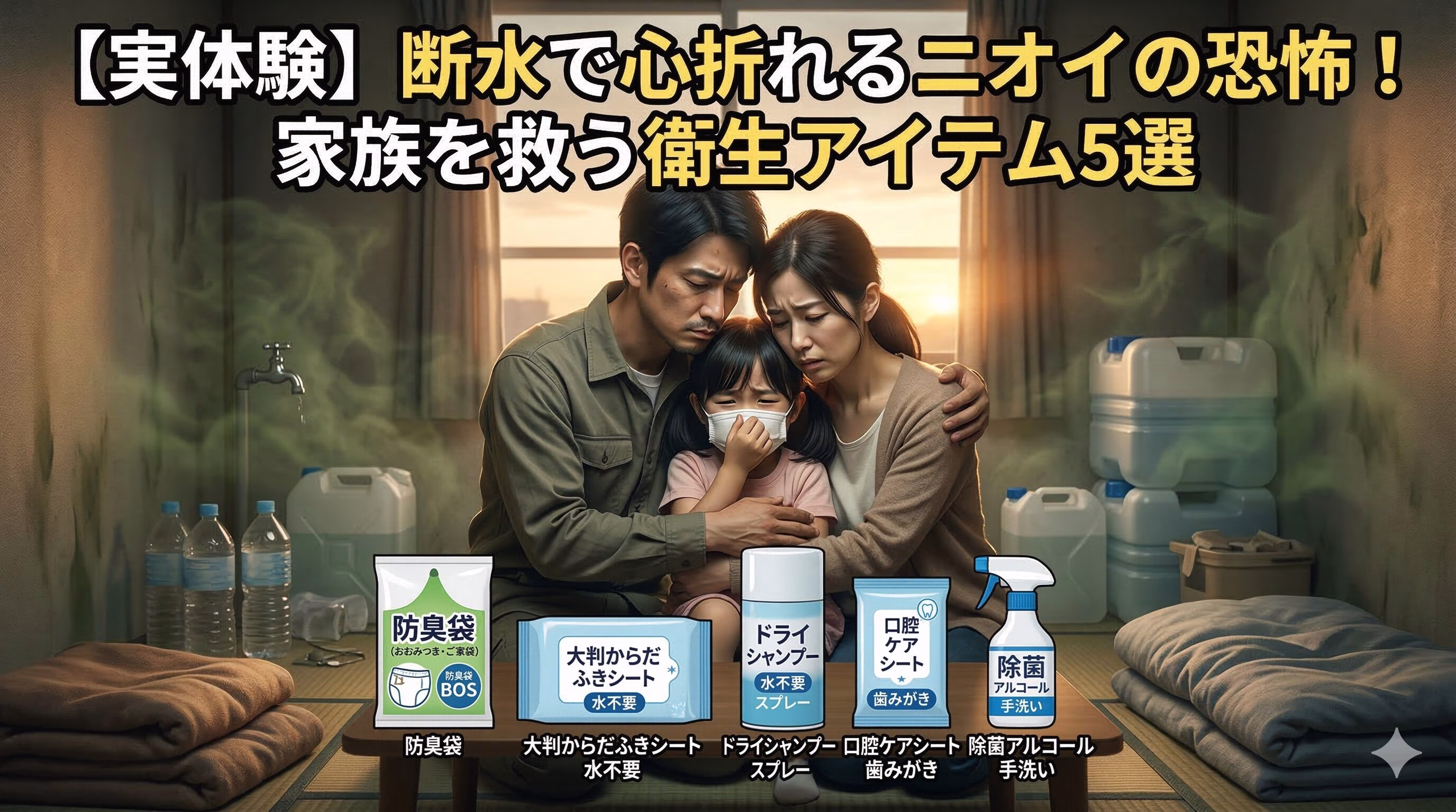 断水した薄暗い部屋でニオイに耐える家族3人の様子と、手前に並べられた防臭袋BOS、大判からだふきシート、ドライシャンプー、口腔ケアシート、除菌アルコールのイラスト。「【実体験】断水で心折れるニオイの恐怖！家族を救う衛生アイテム5選」のタイトル文字が入ったアイキャッチ画像。