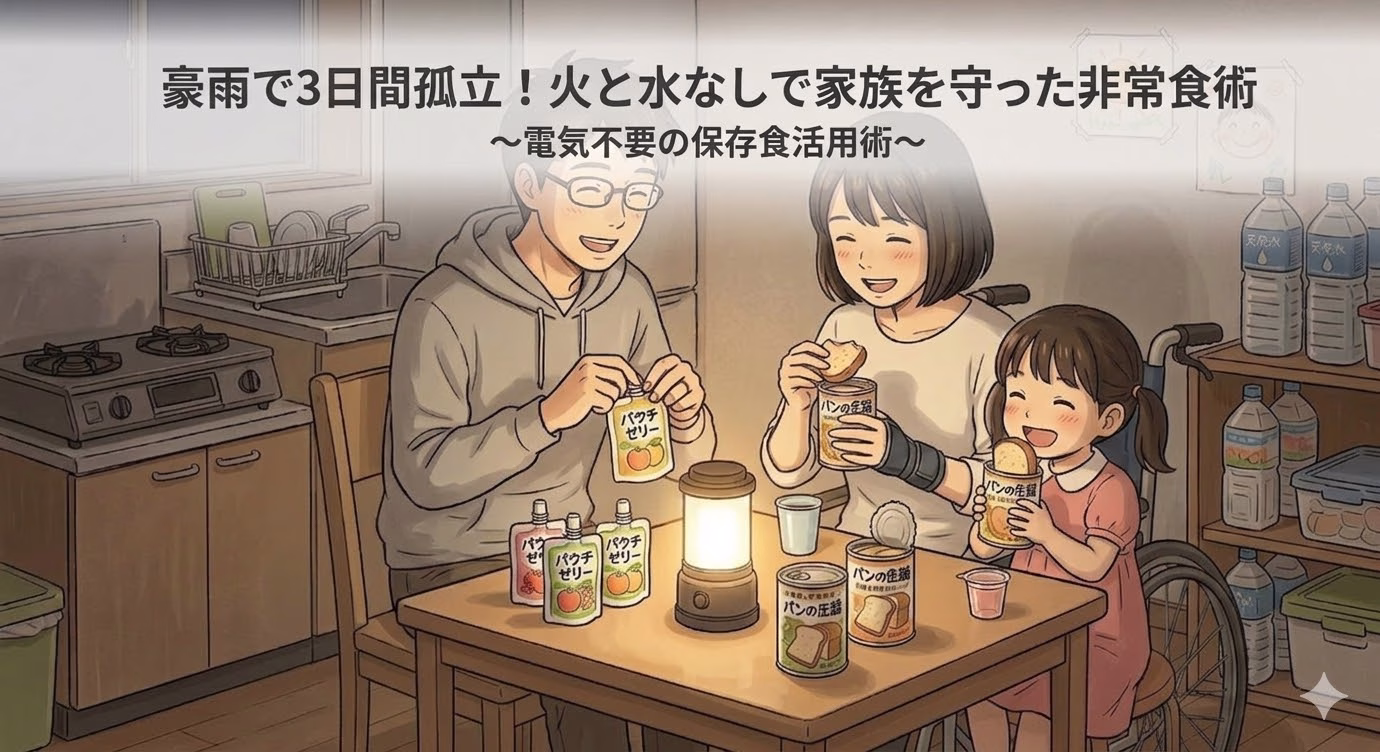 1つの暗い仮設住宅のキッチンで、テーブルに置かれたランタンの優しい光の下、パパ、車椅子のママ、5歳の娘の3人が集まり、パンの缶詰やパウチゼリーを笑顔で食べている、温かい雰囲気のアイキャッチ。タイトルの豪雨で3日間孤立！火と水なしで家族を守った非常食術と書いてある