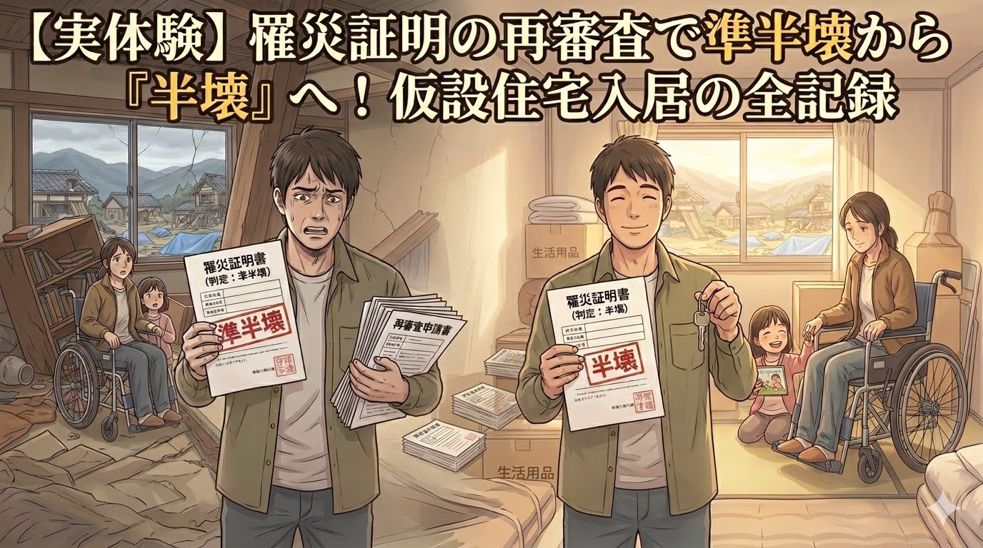 「罹災証明の再審査で準半壊から『半壊』へ！仮設住宅入居の全記録」というタイトルが入った記事のアイキャッチ画像。左側には、地震で被災して散らかった室内で「準半壊」の罹災証明書と再審査申請書を持ち、途方に暮れるパパと車椅子の妻、娘の姿。右側には、無事に能登の仮設住宅へ入居し、「半壊」の罹災証明書と鍵を手にして笑顔を見せる家族3人の姿が対比で描かれている。