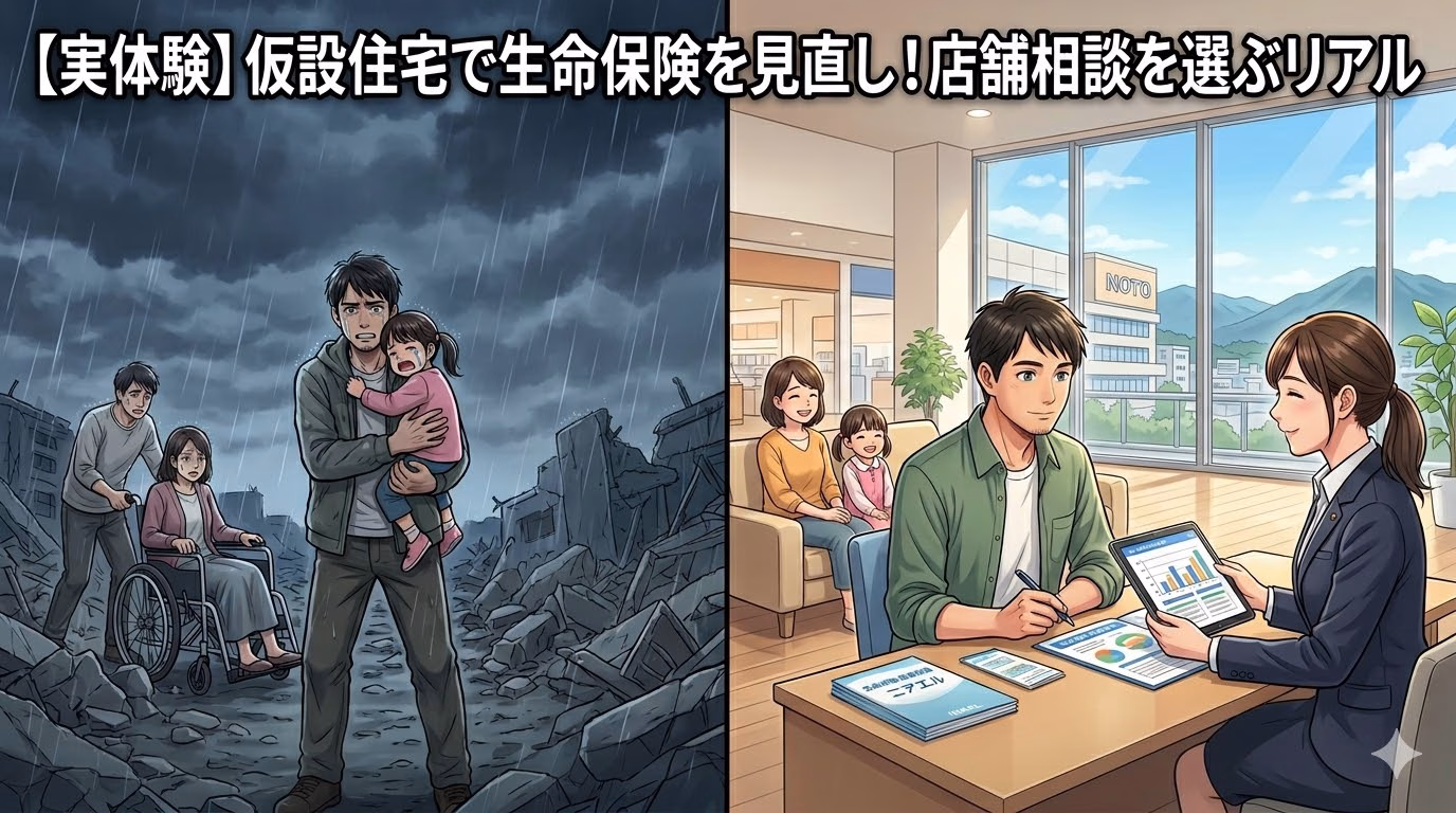 「【実体験】仮設住宅で生命保険を見直し！店舗相談を選ぶリアル」というタイトルが入ったアイキャッチ画像。狭い仮設住宅ではなく、明るいショッピングモール等の店舗で、パパが安心して生命保険の相談をしている様子が描かれている。