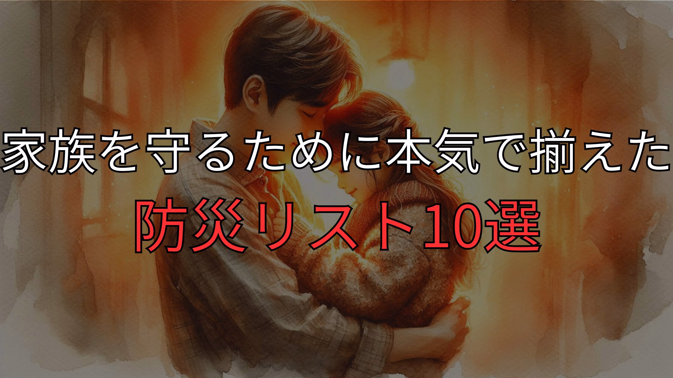 水彩画風のタッチで描かれた、オレンジ色の暖かい光の中で男性と小さな女の子が寄り添い、優しく抱き合っているイラスト。 画像中央には大きな白い文字で「家族を守るために本気で揃えた」、その下に赤い大きな文字で「防災リスト10選」とテキストが重ねられている。